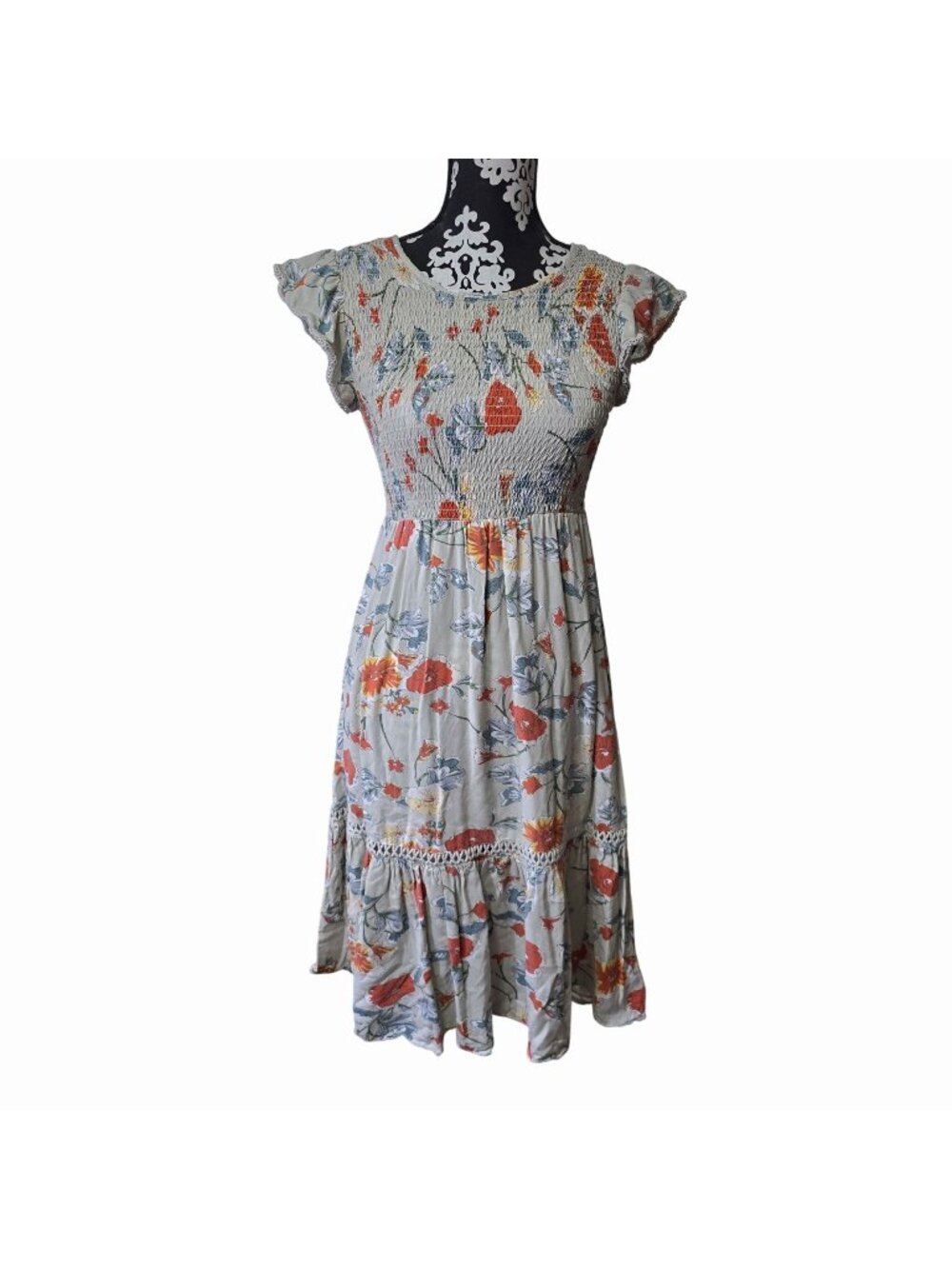 Patrons Of Peace Boho Floral Dress Small Smocked Bodice Cap Sleeve Cottage Core